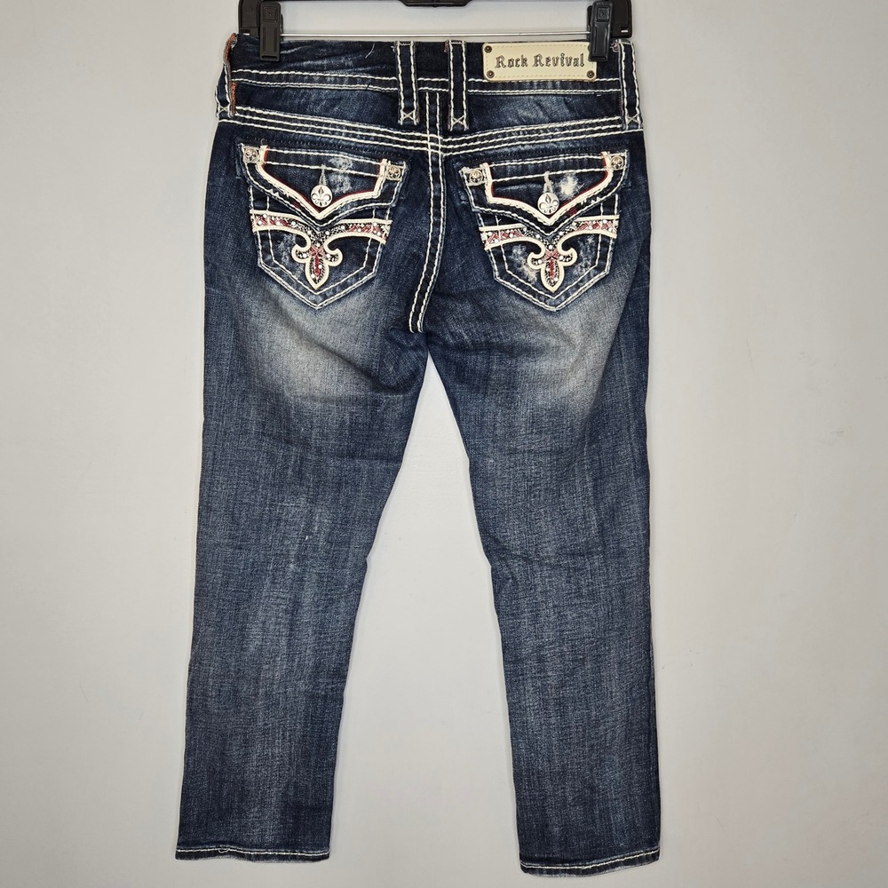 Rock Revival Womens Noelle‎ Capri distressed Jeans Dark Wash Embellished Sz 25 - Picture 7 of 14